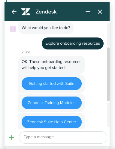 Screenshot of ZenDesk chatbot onboarding
