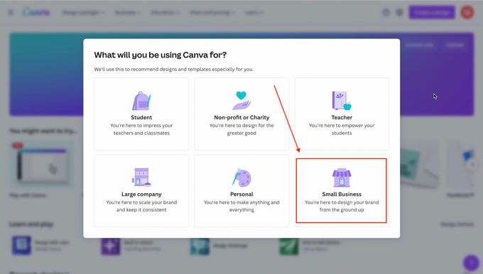 A screenshot of the Canva welcome flow on-site